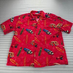 Vintage Aloha Republic Shirt Mens XXL Red Hawaiian Surfboard Hotrod Cars Racing
